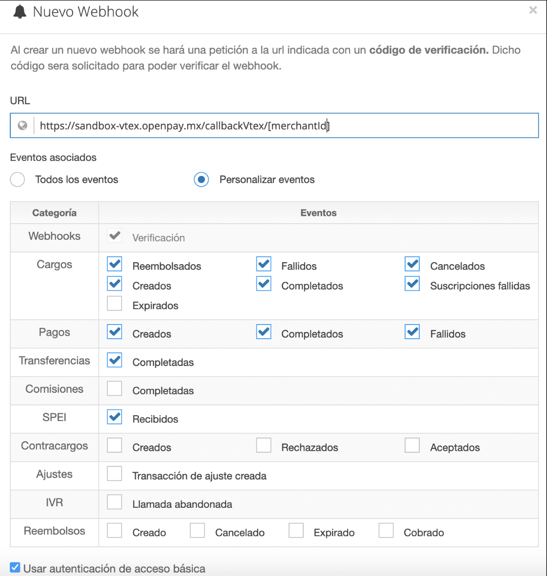Formulario registro webhook Openpay